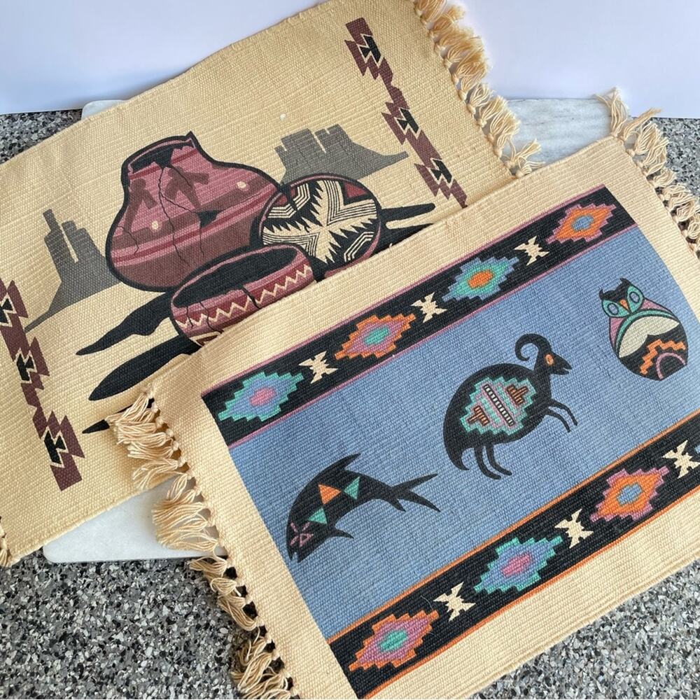 Vintage Set Of 2 Navajo Southwestern Placemats Boho Bohemian Place Setting Table